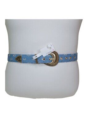 True Love L/XL Medium Blue Belt With Gold Studs & Sparkly Sequins 44" L x 1.5" W
